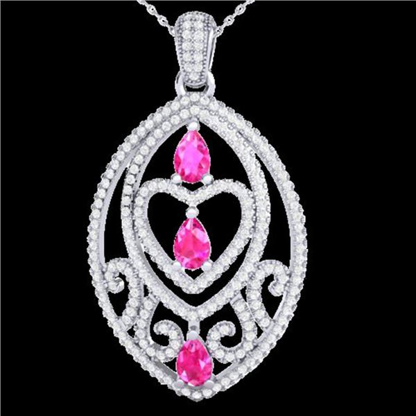 3.50 ctw Pink Sapphire & Micro Diamond Heart Necklace 18k White Gold - REF-218G2W