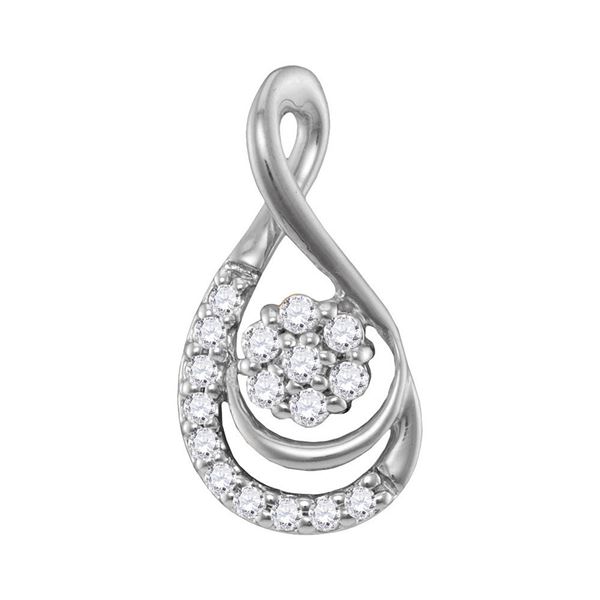 Round Diamond Flower Cluster Teardrop Pendant 1/10 Cttw 10KT White Gold