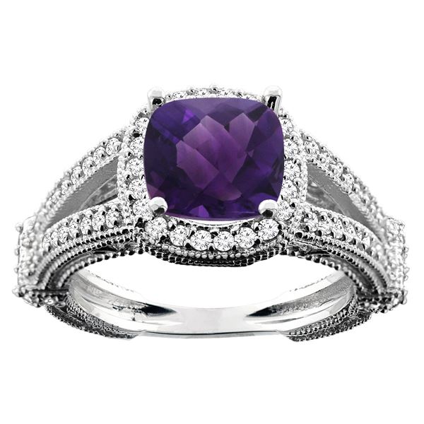 4.10 CTW Amethyst & Diamond Ring 14K White Gold - REF-55H3M
