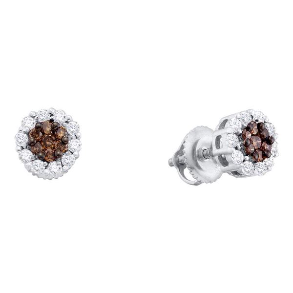 Brown Diamond Halo Flower Cluster Stud Earrings 1/2 Cttw 14KT White Gold