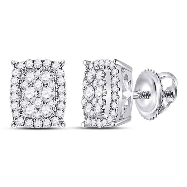 Round Diamond Rectangular Cluster Earrings 1/2 Cttw 14KT White Gold