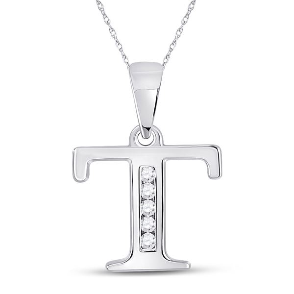 Round Diamond T Initial Letter Pendant 1/20 Cttw 10KT White Gold