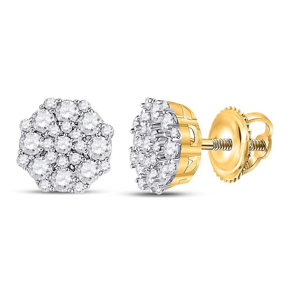 Round Diamond Octagon Cluster Earrings 5/8 Cttw 14KT Yellow Gold