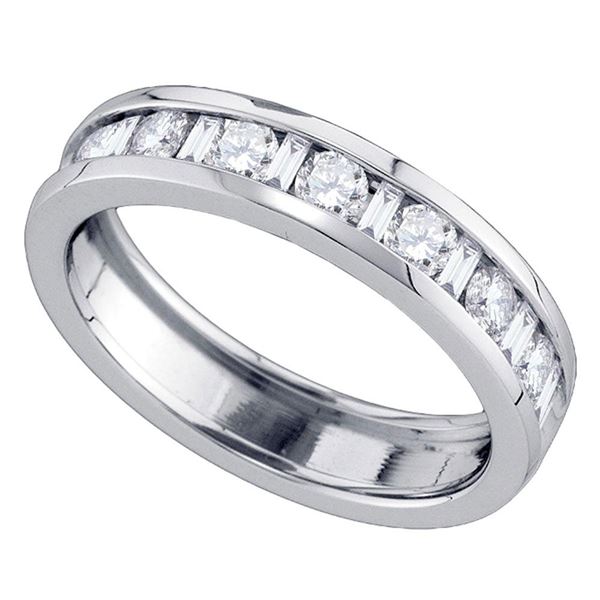 Alternating Round Baguette Diamond Single Row Wedding Band 1 Cttw 14KT White Gold