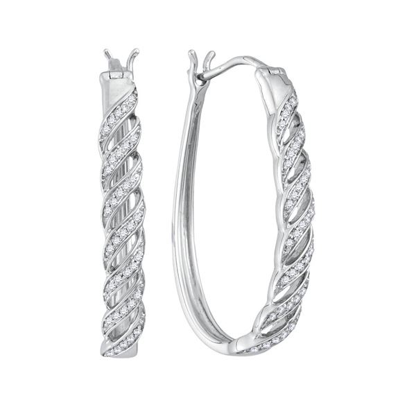Round Diamond Oblong Hoop Earrings 1/5 Cttw 10KT White Gold