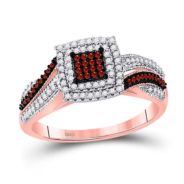 Round Red Color Enhanced Diamond Square Cluster Ring 3/8 Cttw 10KT Rose Gold