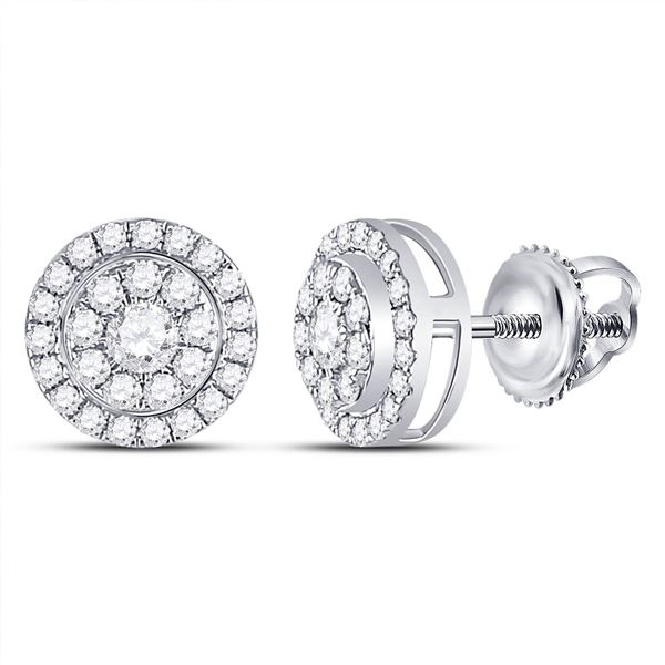 Round Diamond Solitaire Cluster Stud Earrings 3/4 Cttw 14KT White Gold