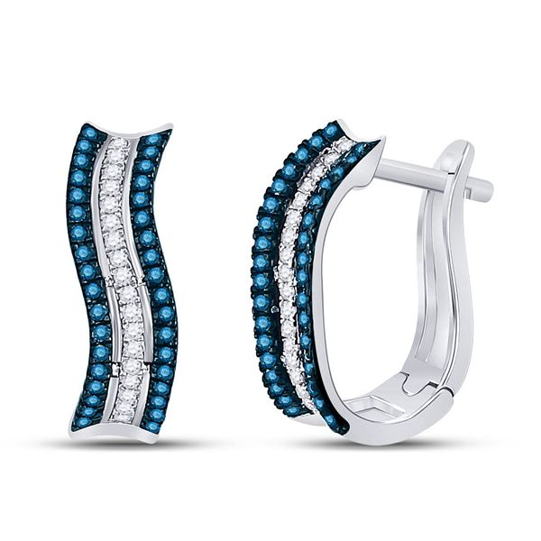 Round Blue Color Enhanced Diamond Striped Hoop Earrings 1/4 Cttw 10KT White Gold