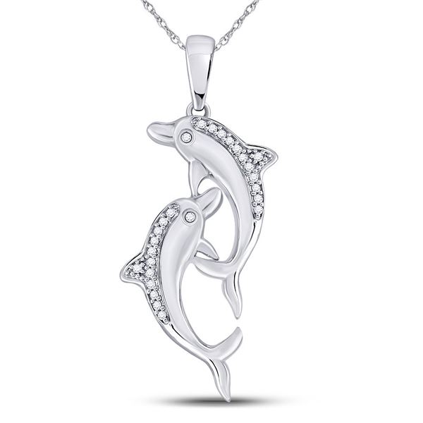 Round Diamond Dolphin Nautical Animal Pendant 1/12 Cttw 10KT White Gold