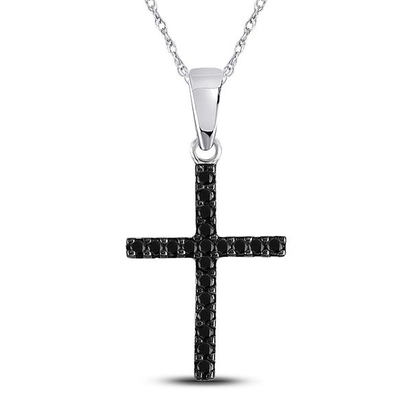 Round Black Color Enhanced Diamond Cross Religious Pendant 1/5 Cttw 10KT White Gold