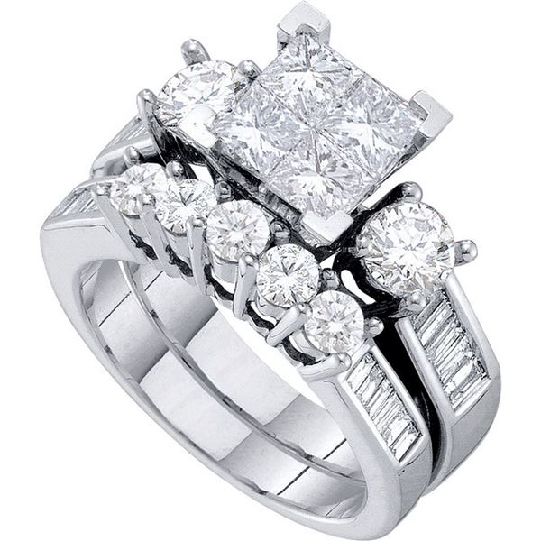 Cluster Bridal Wedding Ring Band Set 2 Cttw 14KT White Gold
