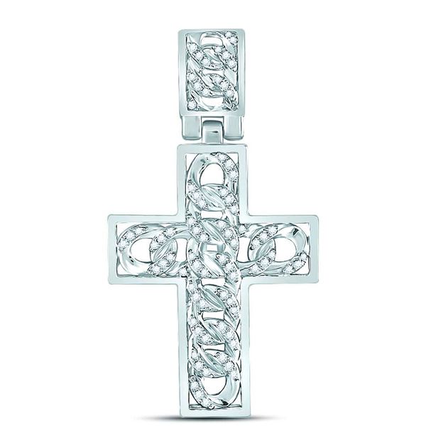 Round Diamond Curb Link Cross Charm Pendant 5/8 Cttw 10KT White Gold