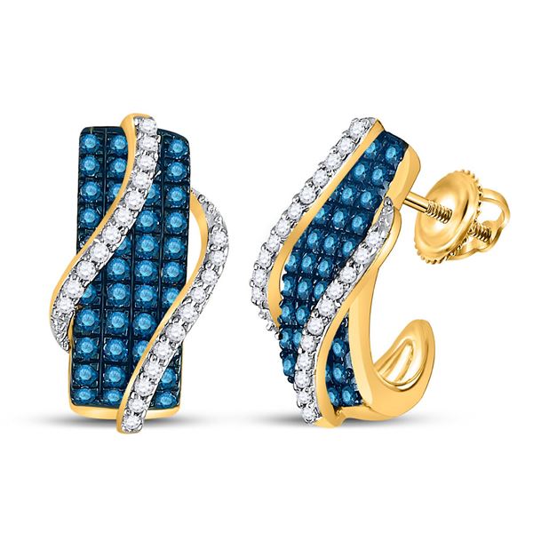 Round Blue Color Enhanced Diamond Half J Hoop Earrings 1 Cttw 10KT Yellow Gold