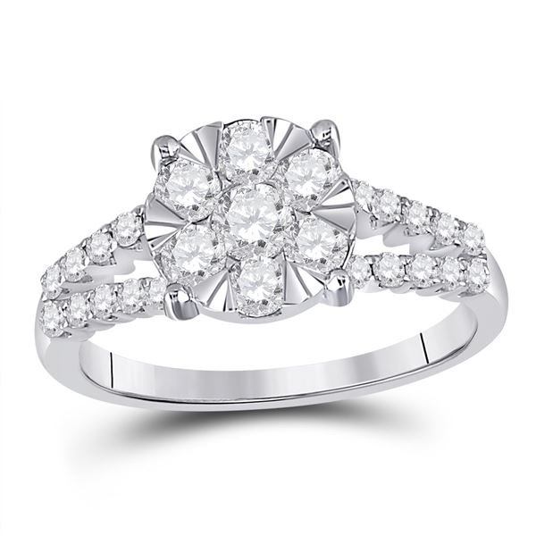 Round Diamond Flower Cluster Ring 1 Cttw 14KT White Gold