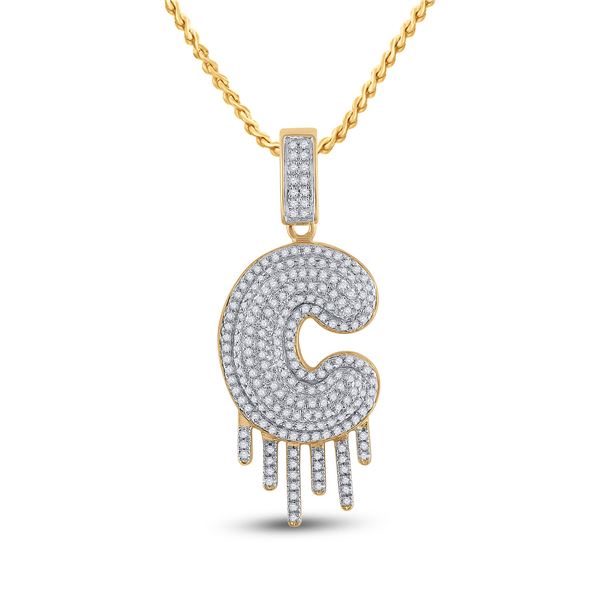 Round Diamond Dripping C Letter Charm Pendant 5/8 Cttw 10KT Yellow Gold