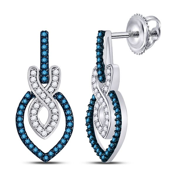 Round Blue Color Enhanced Diamond Dangle Earrings 1/3 Cttw 10KT White Gold