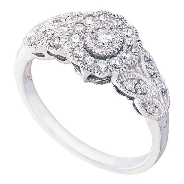 Round Diamond Solitaire Floral Cluster Milgrain Ring 1/3 Cttw 10KT White Gold