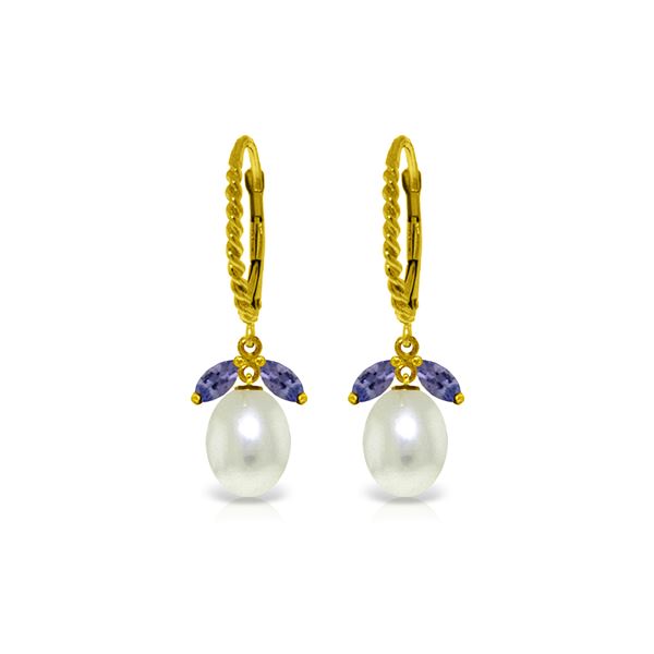 Genuine 9 ctw Tanzanite & Pearl Earrings 14KT Yellow Gold - REF-47H3X