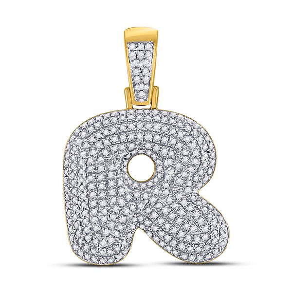 Round Diamond Bubble R Letter Charm Pendant 7/8 Cttw 10KT Yellow Gold