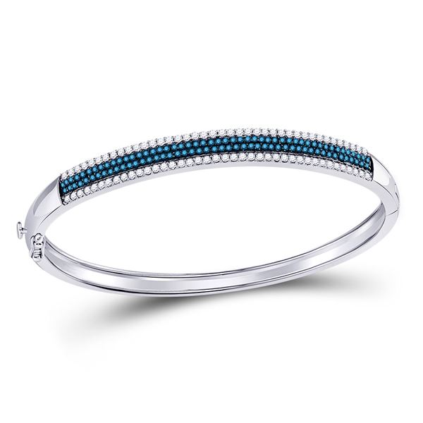 Round Blue Color Enhanced Diamond Bangle Bracelet 1-3/8 Cttw 14KT White Gold