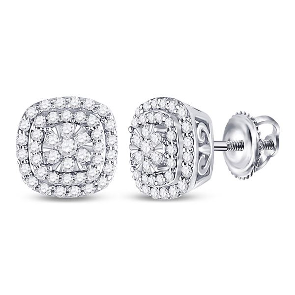 Round Diamond Cushion Halo Cluster Earrings 1/2 Cttw 14KT White Gold