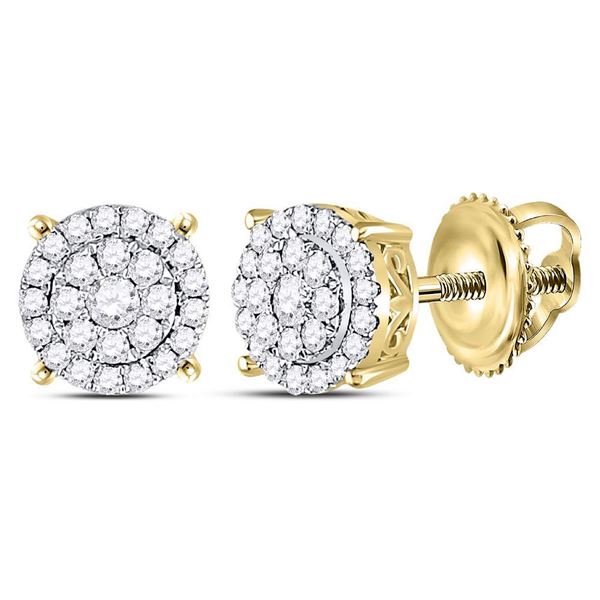 Round Diamond Concentric Circle Cluster Earrings 1/3 Cttw 14KT Yellow Gold