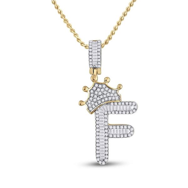 Baguette Diamond Crown F Letter Charm Pendant 5/8 Cttw 10KT Yellow Gold