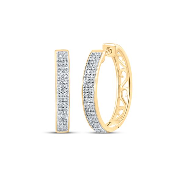 Round Diamond Double Row Pave Hoop Earrings 1/4 Cttw 10KT Yellow Gold