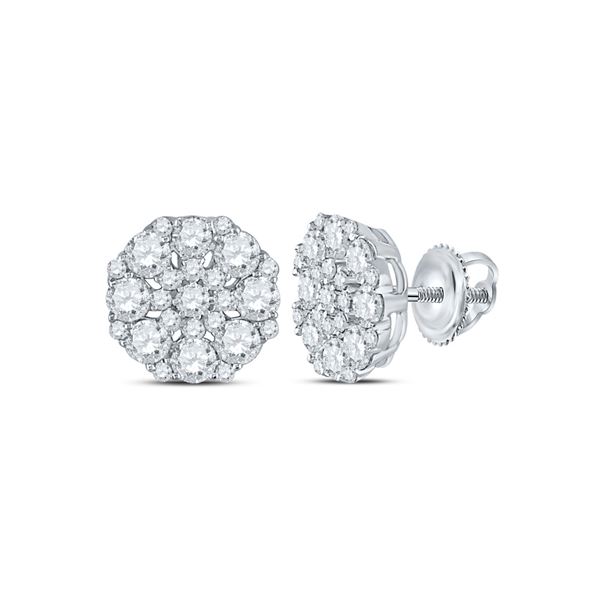 Round Diamond Octagon Cluster Earrings 1-5/8 Cttw 14KT White Gold