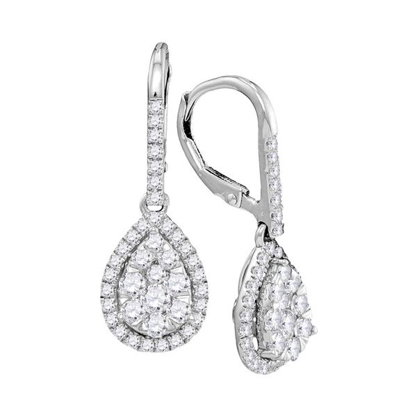 Round Diamond Leverback Teardrop Dangle Earrings 1-3/8 Cttw 14KT White Gold