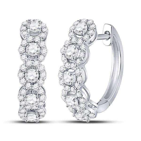 Round Diamond Halo Hoop Earrings 1 Cttw 14KT White Gold