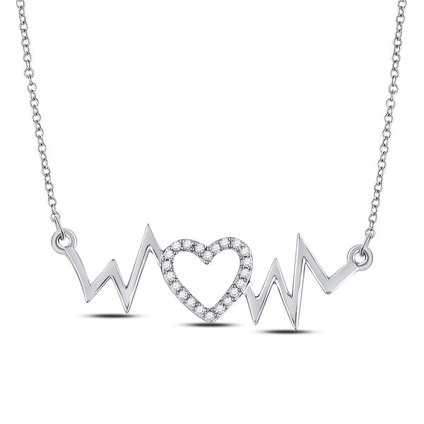Round Diamond Heartbeat Necklace 1/10 Cttw 10KT White Gold