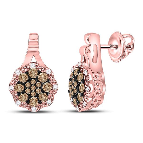 Round Brown Diamond Cluster Earrings 1/2 Cttw 14KT Rose Gold