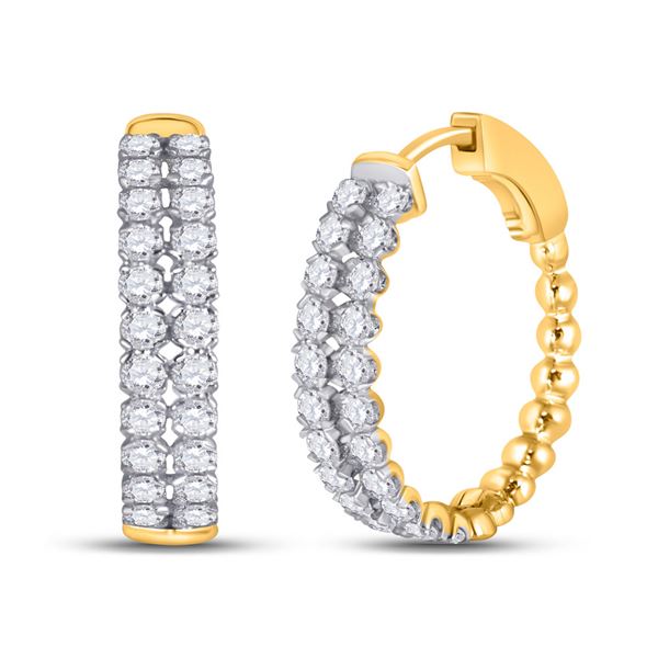 Round Diamond Double Row Hoop Earrings 2 Cttw 14KT Yellow Gold