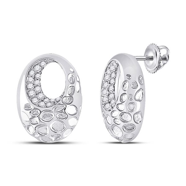 Round Diamond Pitted Oval Earrings 1/5 Cttw 14KT White Gold