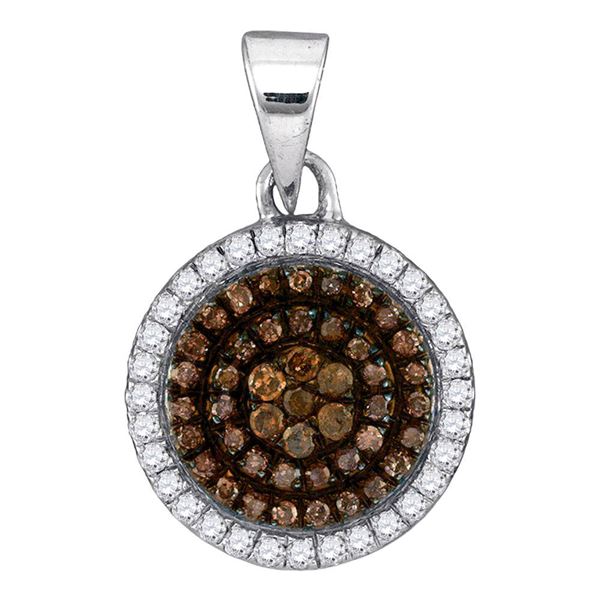 Round Brown Diamond Circle Frame Cluster Pendant 1/3 Cttw 10KT White Gold