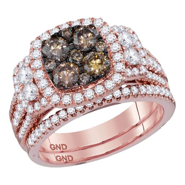 Round Brown Diamond Bridal Wedding Ring Band Set 2 Cttw 14KT Rose Gold