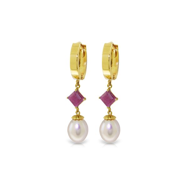 Genuine 9.5 ctw Pearl & Ruby Earrings 14KT Yellow Gold - REF-61R2P