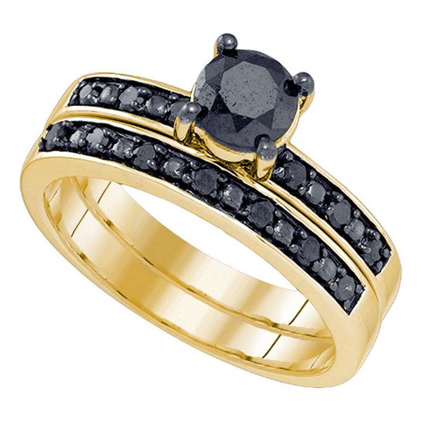 Round Black Color Enhanced Diamond Bridal Wedding Ring Set 1 Cttw 10KT Yellow Gold