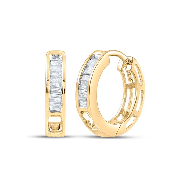 Baguette Diamond Huggie Hoop Earrings 1/6 Cttw 10KT Yellow Gold