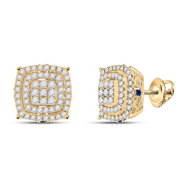 Round Diamond Blue Sapphire Square Earrings 7/8 Cttw 14KT Yellow Gold