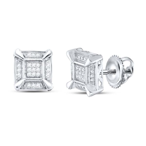 Sterling Silver Mens Diamond Square Cluster Stud Earrings 1/8 Cttw Sterling Silver