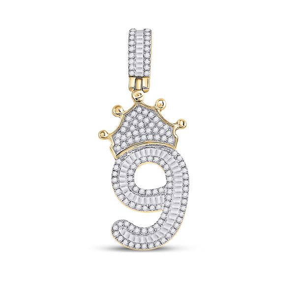 Mens Diamond Number 9 Crown Charm Pendant 3/4 Cttw 10kt Yellow Gold