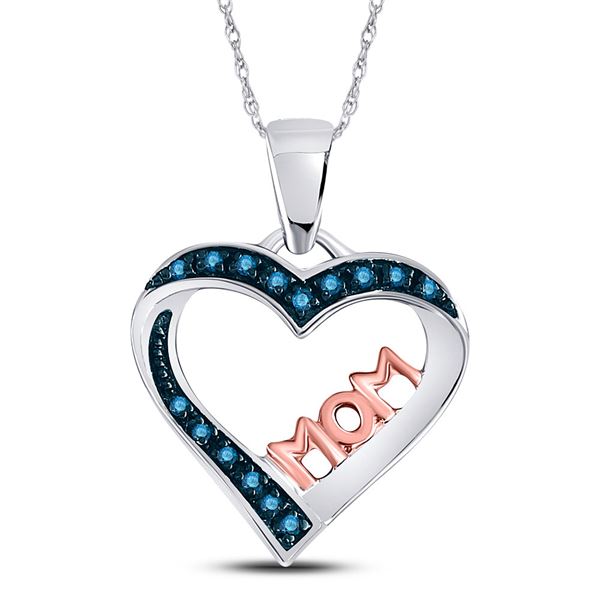 Blue Color Enhanced Diamond Heart Mom Pendant 1/10 Cttw Sterling Silver