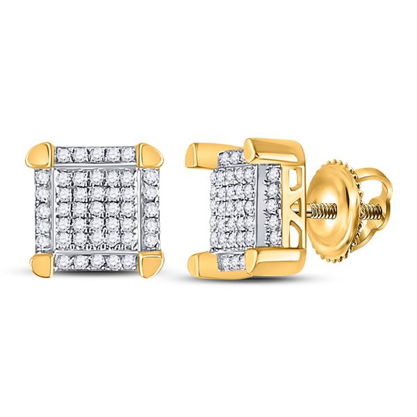 Mens Diamond Square Cluster Stud Earrings 1/6 Cttw 10kt Yellow Gold