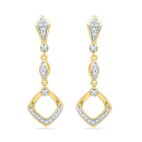 Diamond Offset Square Dangle Earrings 1/6 Cttw 10kt Yellow Gold