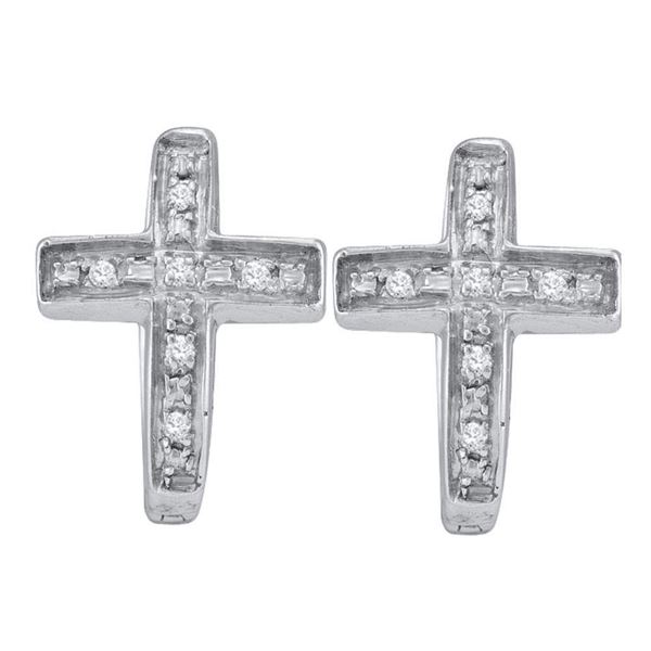 Diamond Cross Huggie Hoop Earrings 1/20 Cttw Sterling Silver