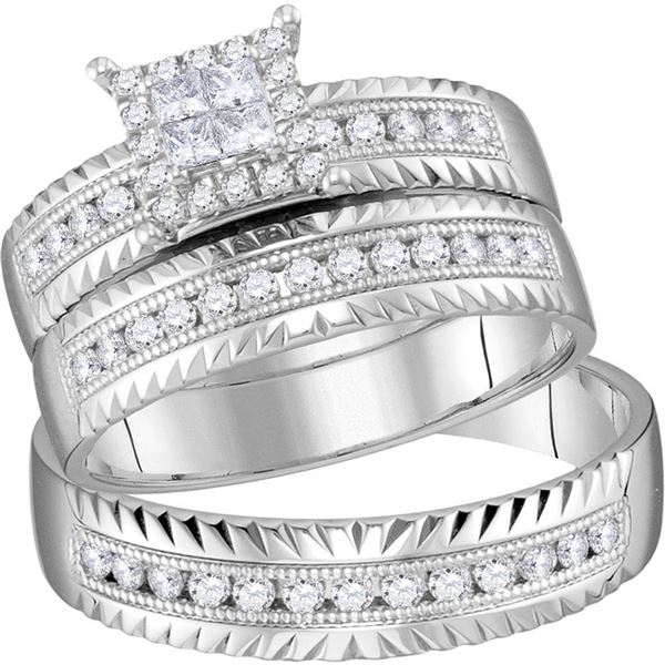 His Hers Princess Diamond Cluster Matching Wedding Set 1/2 Cttw 14kt White Gold