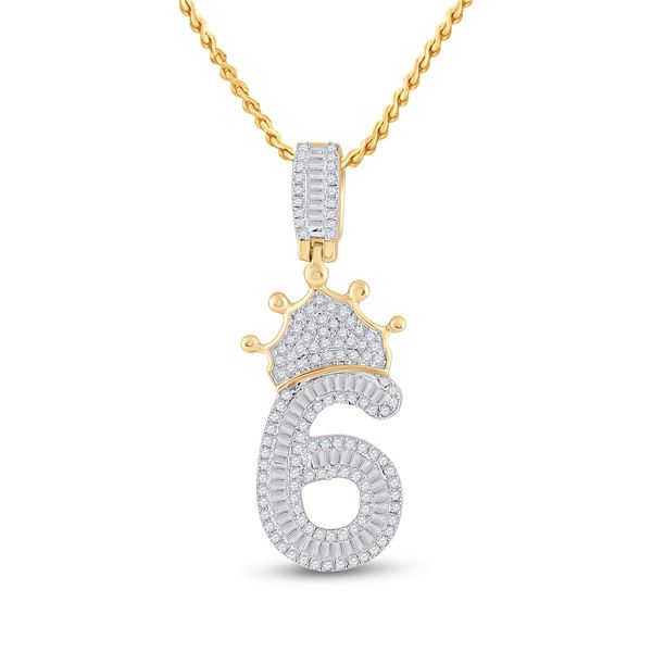 Mens Baguette Diamond Number 6 Crown Charm Pendant 3/4 Cttw 10kt Yellow Gold