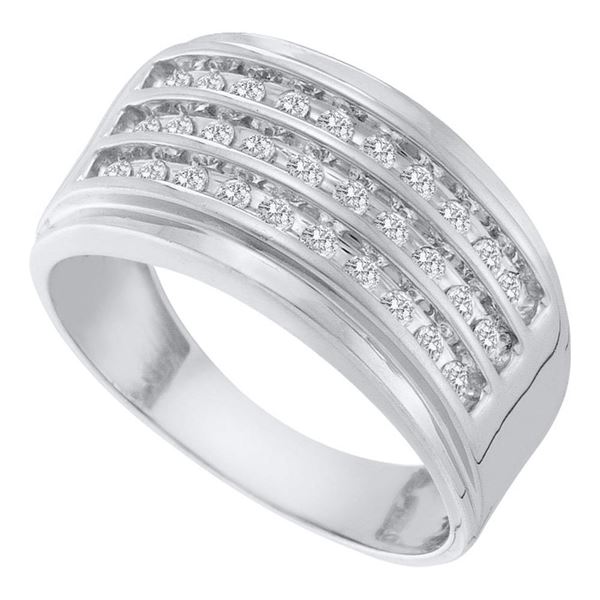 Mens Diamond 3-Row Band Ring 1/2 Cttw 10kt White Gold